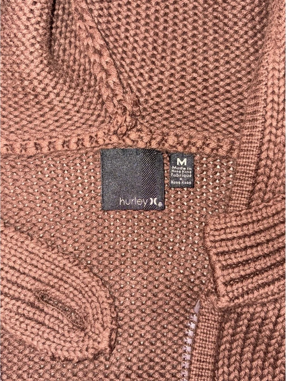 Vintage Hurley Sweater Womens M Brown Chunky Knit Full Zip Hooded Cardigan Y2K
